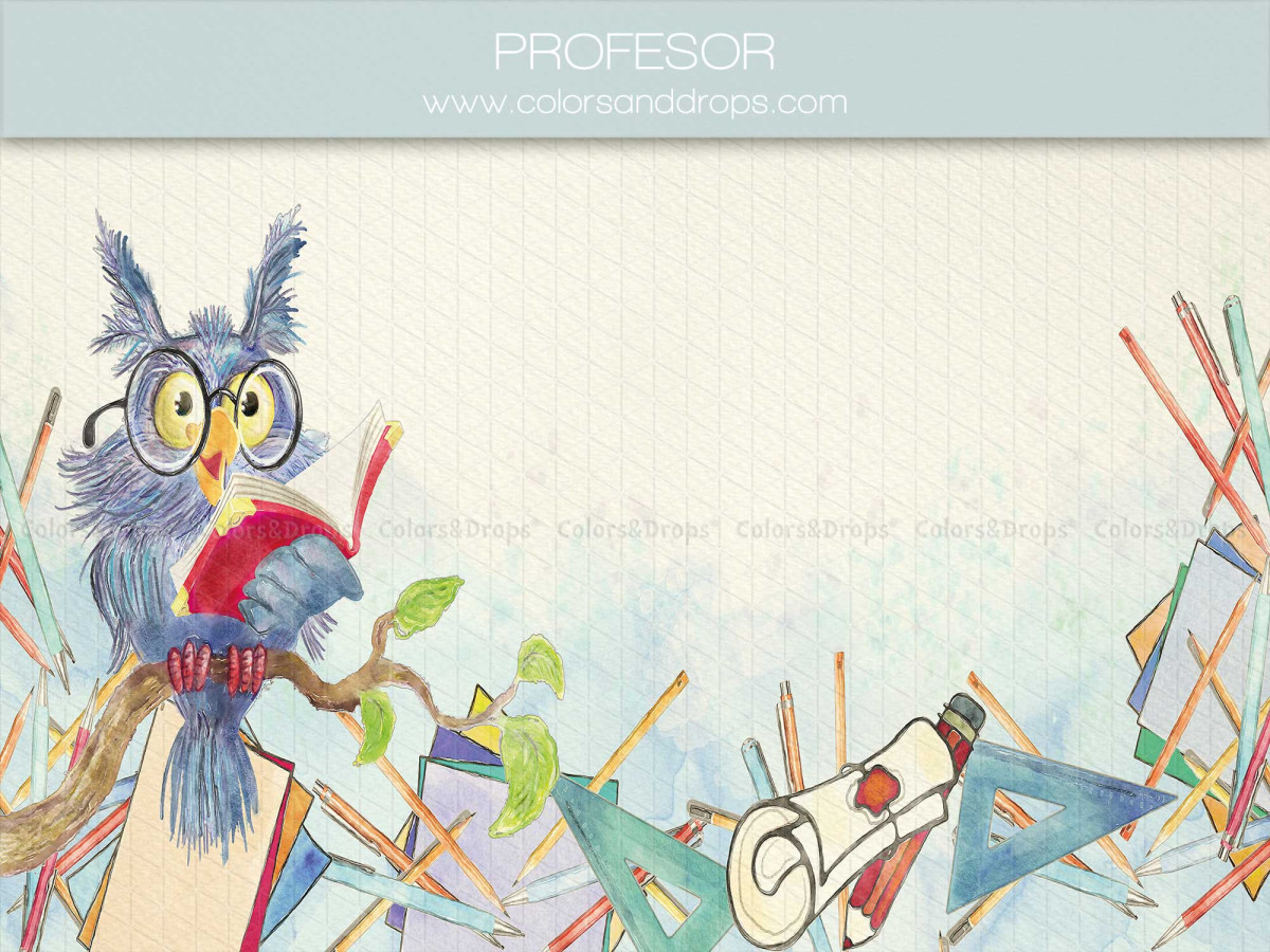 School portrait photo backdrop Professor – watercolor owl teacher with pencils and books | Colors&Drops