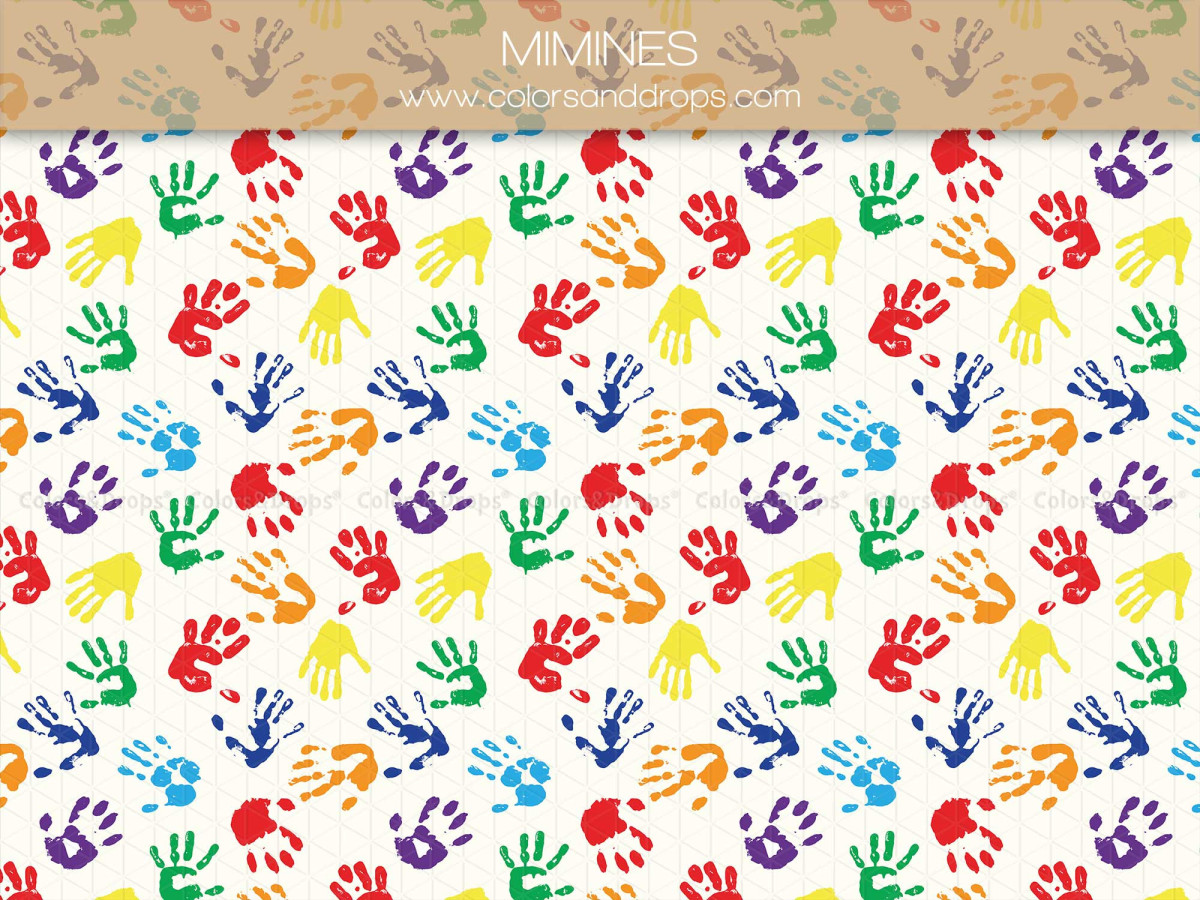 School portrait photo backdrop Mimines – pattern of colorful handprints on white | Colors&Drops