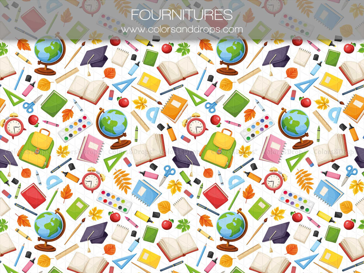 School portrait photo backdrop Fournitures – pattern of school supplies, globes and books | Colors&Drops