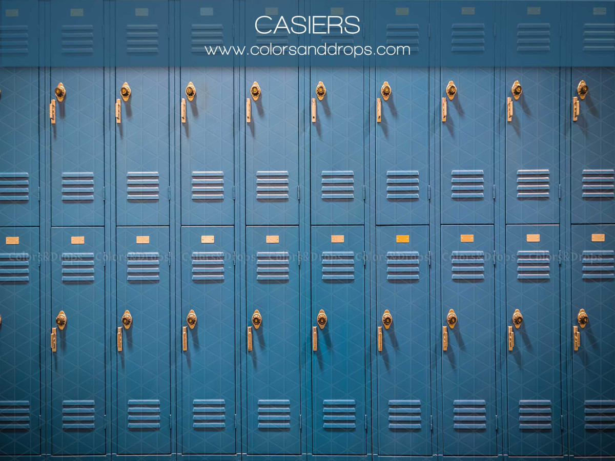 School portrait photo backdrop Casiers – row of blue metal lockers | Colors&Drops
