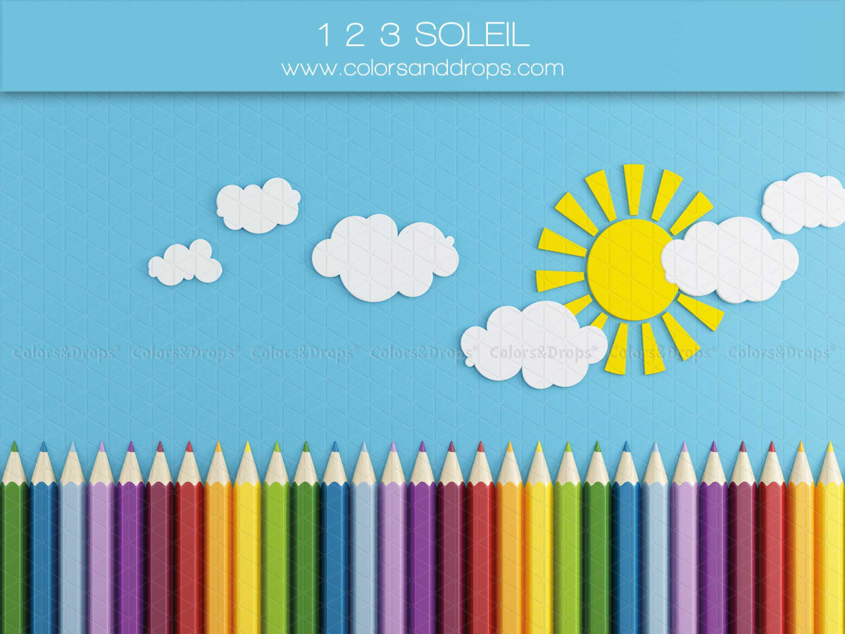 School portrait photo backdrop 123 Soleil – blue sky with paper sun and colored pencils | Colors&Drops
