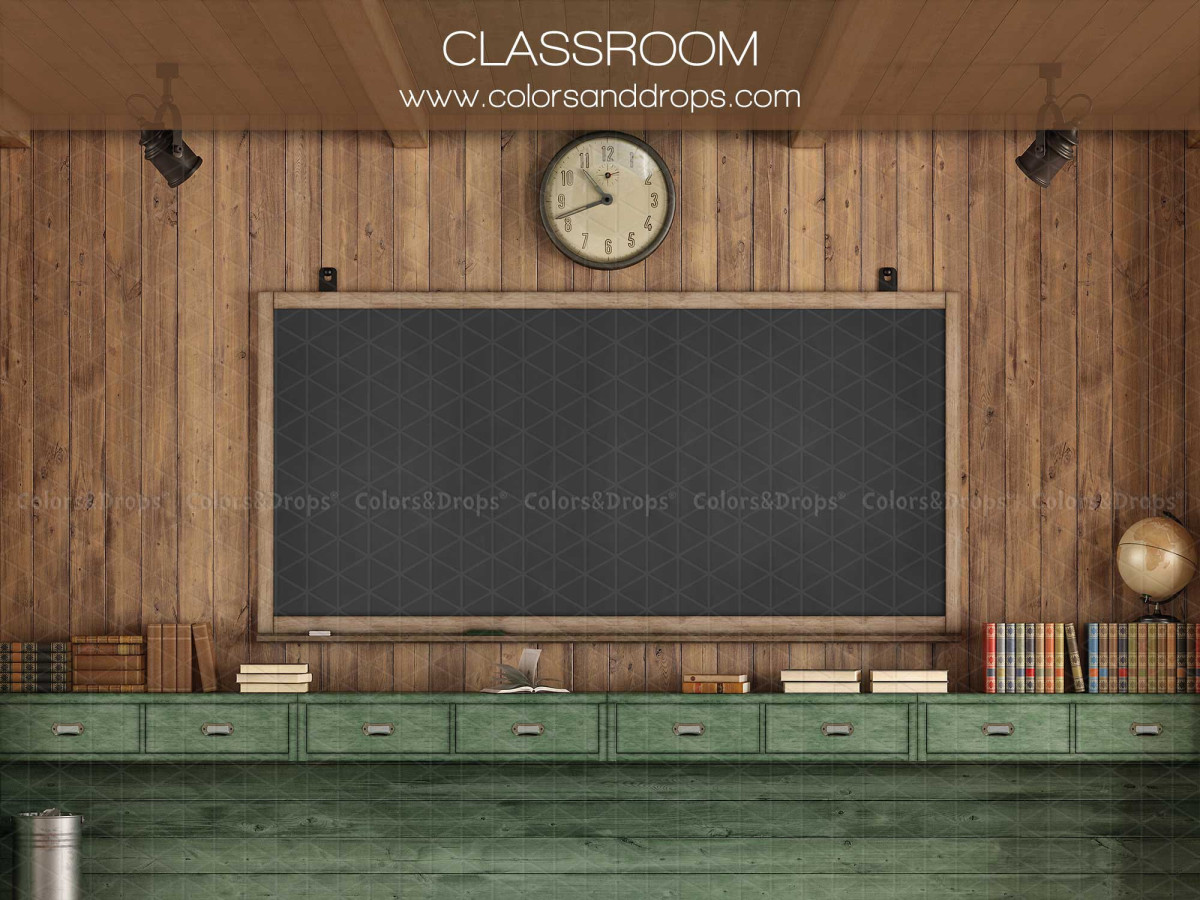 Fond photo scolaire Classroom – salle de classe en bois avec tableau noir et horloge | Colors&Drops