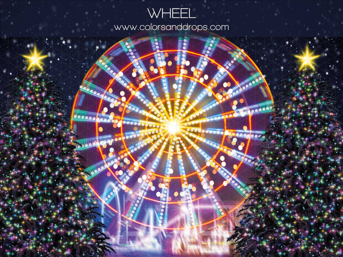 Christmas photo backdrop Wheel – illuminated Ferris wheel between Christmas trees at night | Colors&Drops