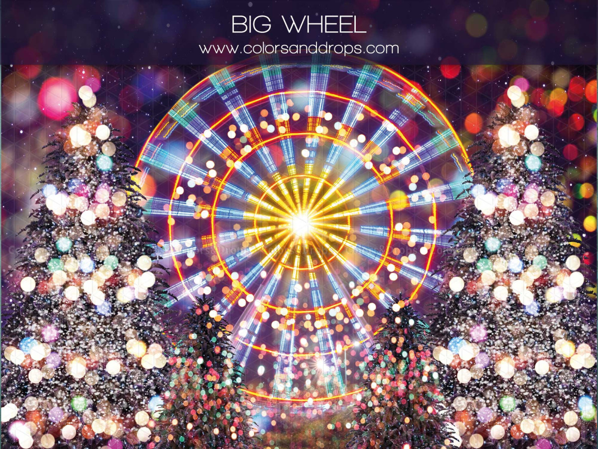 Fond photo de Noël Big Wheel – grande roue illuminée avec bokeh et sapins | Colors&Drops