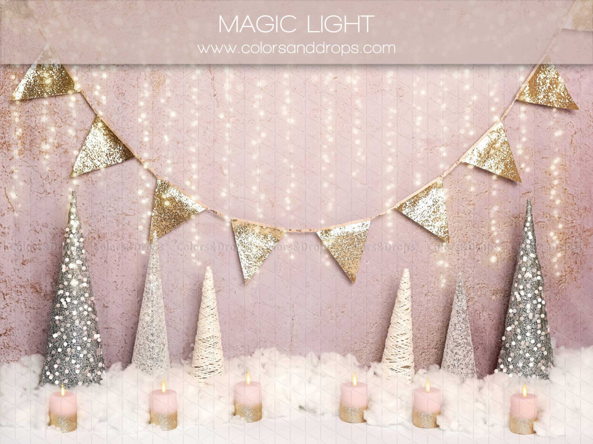 Fondo fotográfico de bebé y smash cake Magic Light – abetos con purpurina, banderines dorados y nieve | Colors&Drops