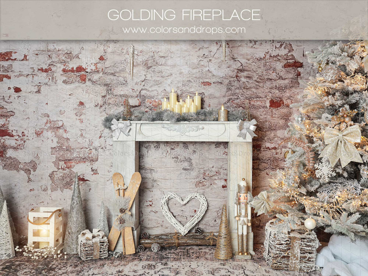 Christmas photo backdrop Golding Place – white Christmas fireplace on brick wall with tree | Colors&Drops