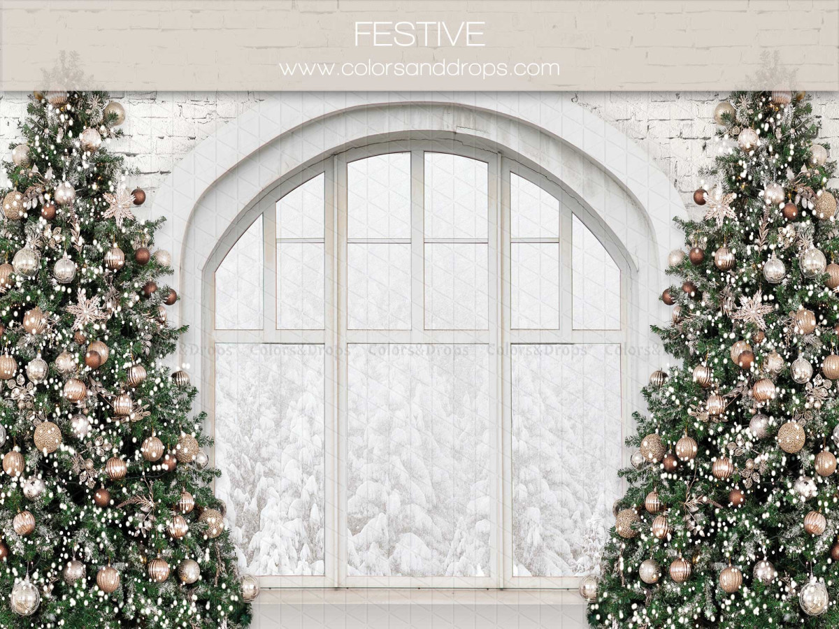 Christmas photo backdrop Festive – large arched window with snow between two fir trees | Colors&Drops
