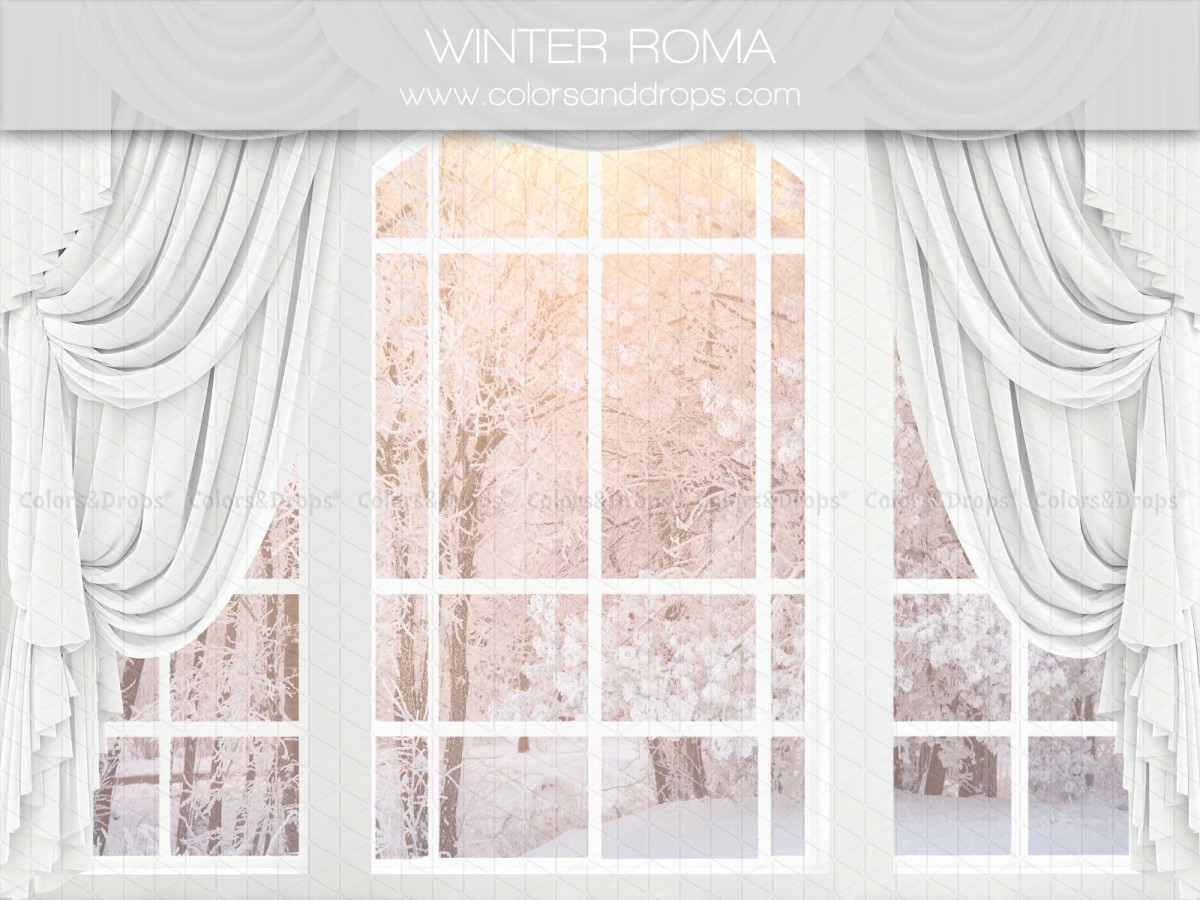 Fond photo de Noël Winter Roma – fenêtre avec rideaux blancs sur forêt enneigée | Colors&Drops