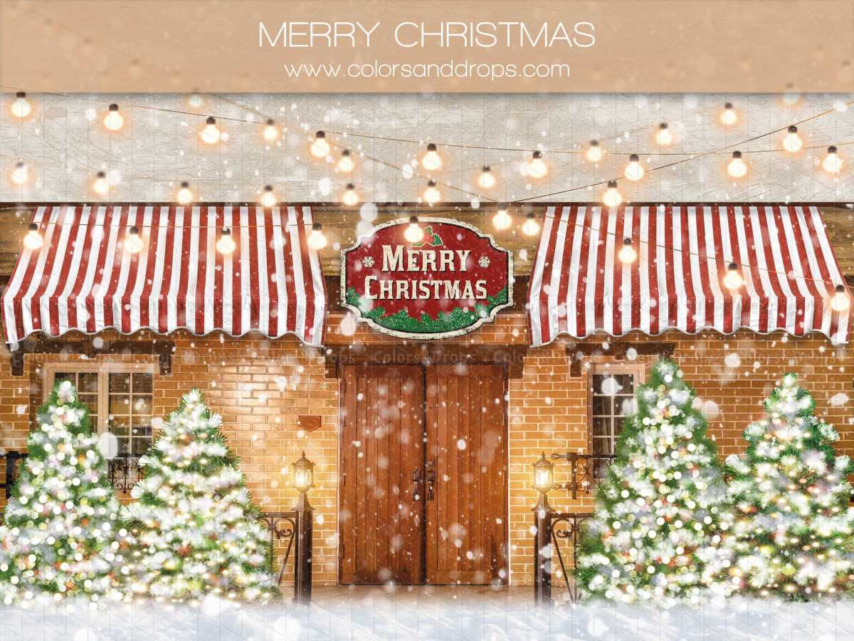 Photo backdrop Merry Christmas – brick Christmas shop with striped awnings and fir trees | Colors&Drops