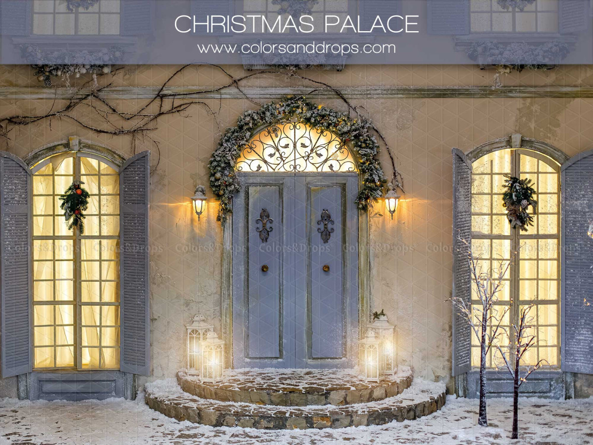 Photo backdrop Christmas Palace – snowy palace facade with blue door and windows | Colors&Drops
