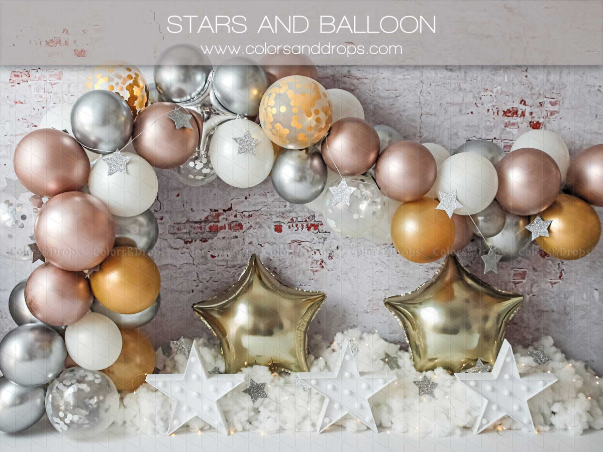Fond photo bébé et smash cake Stars and Balloon – arche de ballons métallisés avec étoiles et neige | Colors&Drops