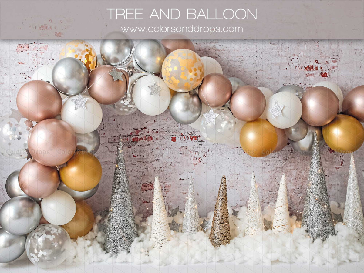 Baby & cake smash photo backdrop Tree and Balloon – metallic balloon arch with glitter fir trees | Colors&Drops