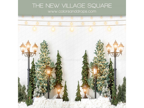 Fondo fotográfico de Navidad The New Village Square – abetos nevados y farolas sobre pared blanca | Colors&Drops