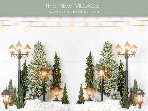 Fondo fotográfico de Navidad The New Village II – fila de abetos y farolas encendidas con nieve | Colors&Drops