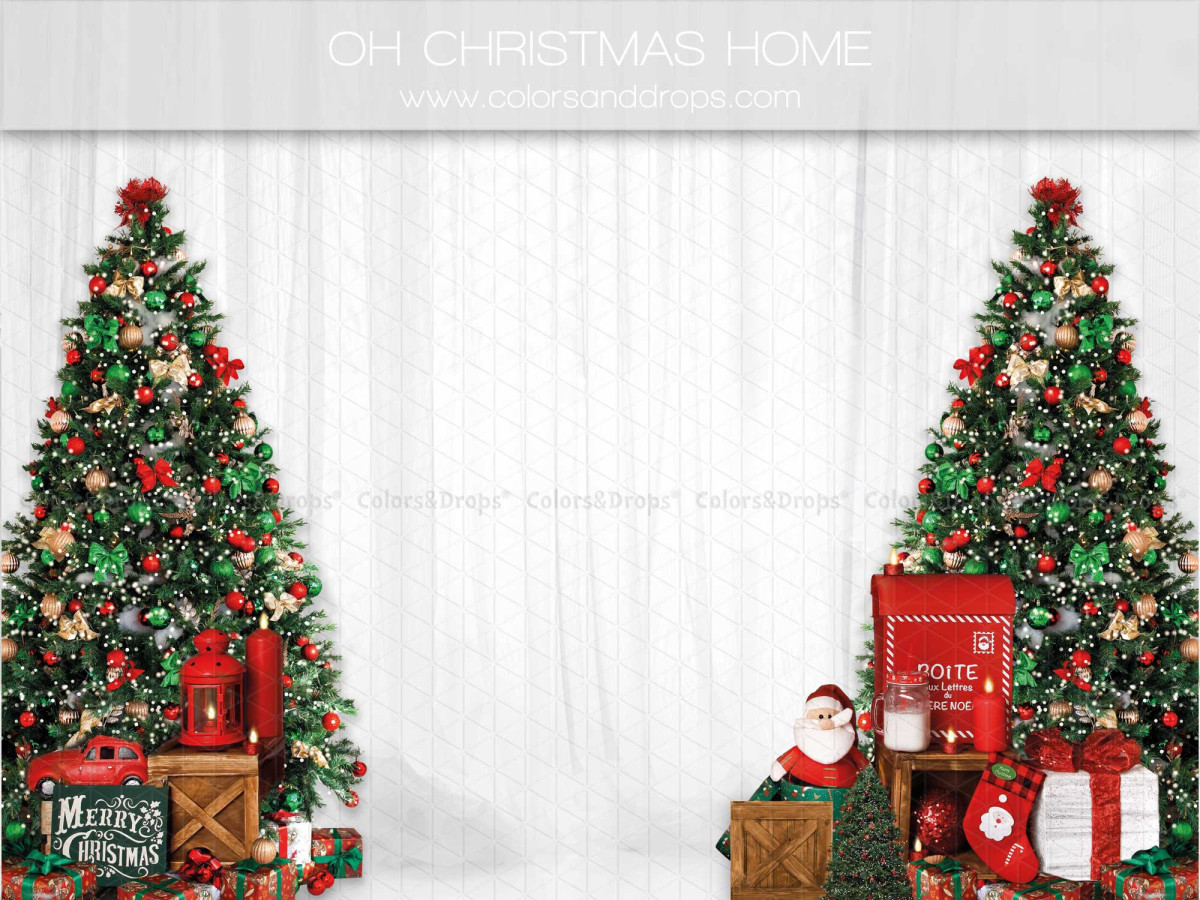 Fondo fotográfico Oh Christmas Home – dos abetos decorados en rojo con regalos y buzón | Colors&Drops