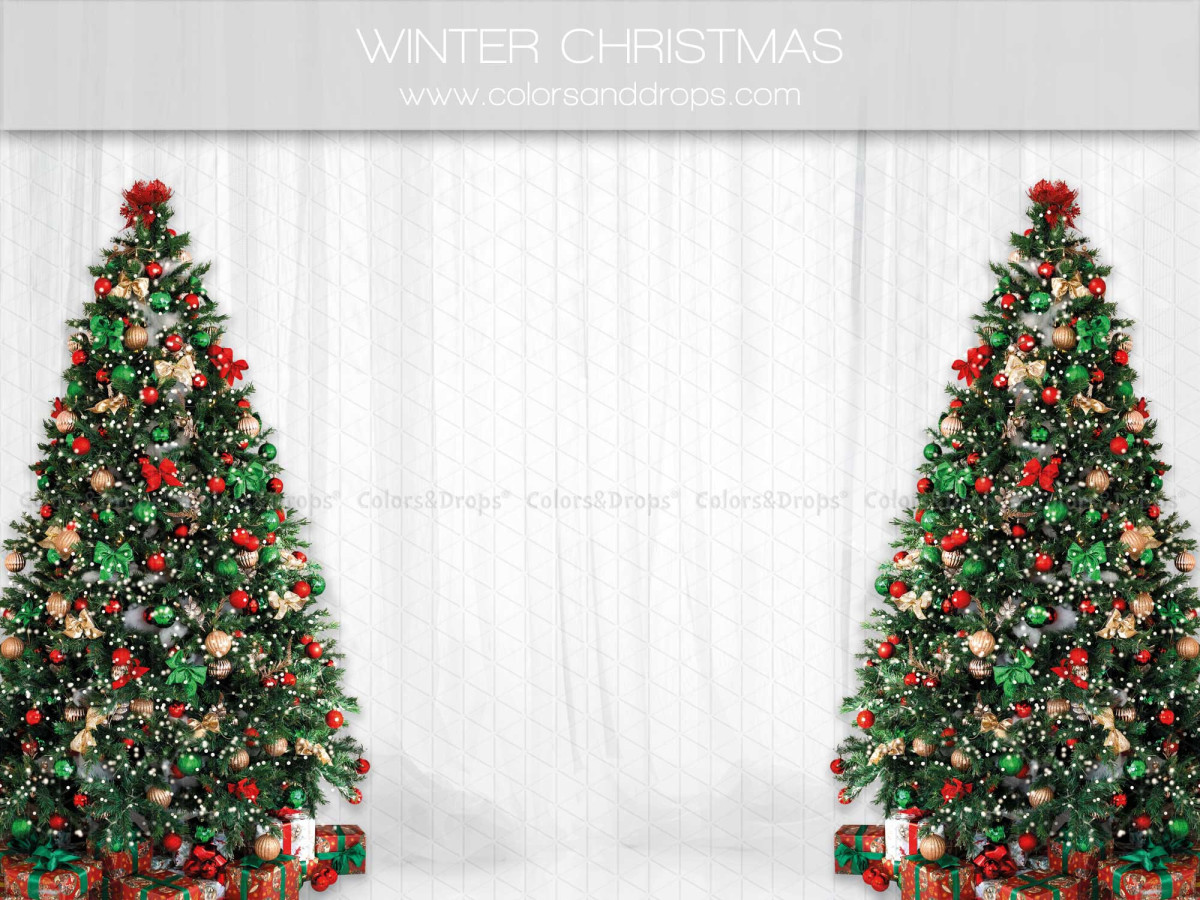 Photo backdrop Winter Christmas – two decorated Christmas trees in front of white curtains | Colors&Drops