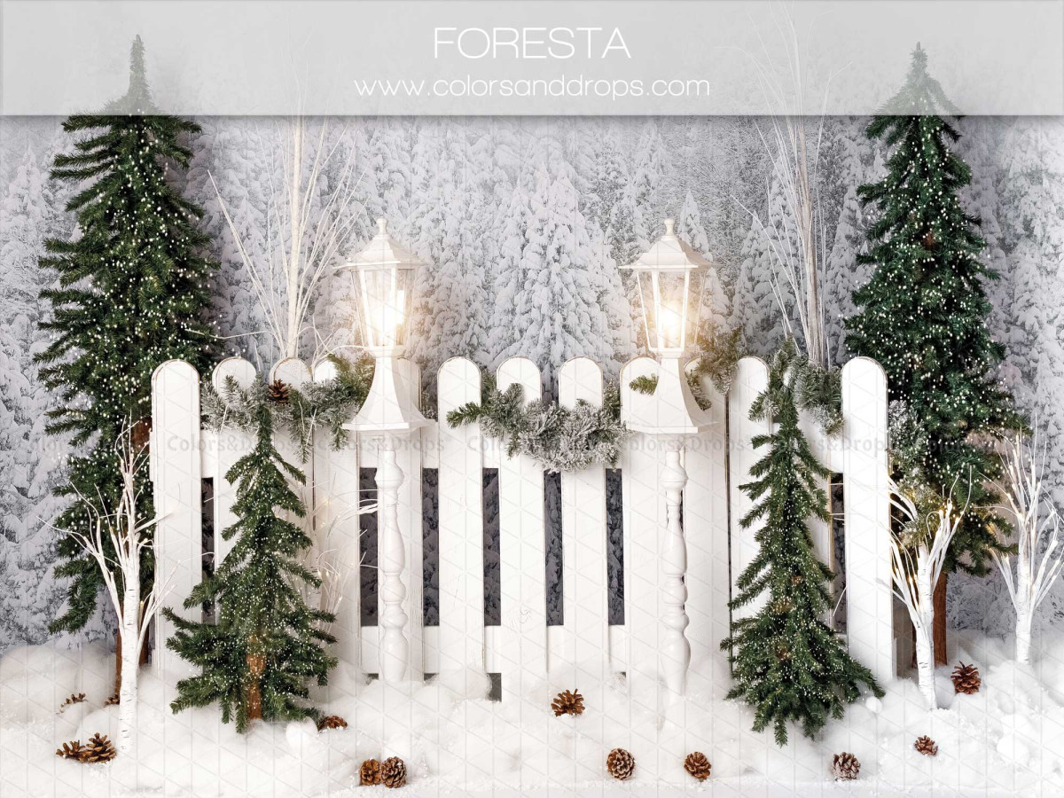 Christmas photo backdrop Foresta – white fence in snowy forest with fir trees | Colors&Drops