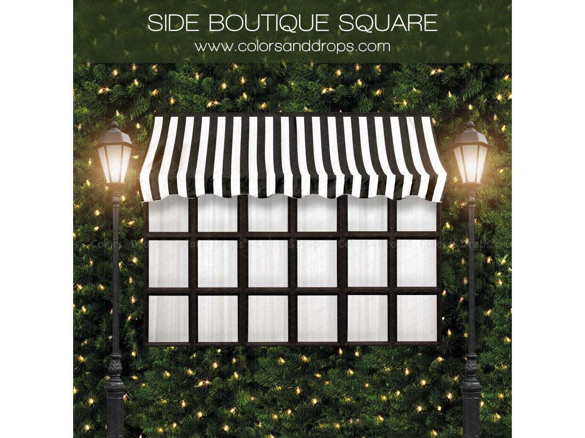 Fond photo latéral de Noël Side Boutique Square – vitrine avec auvent rayé et lampadaires sur haie | Colors&Drops