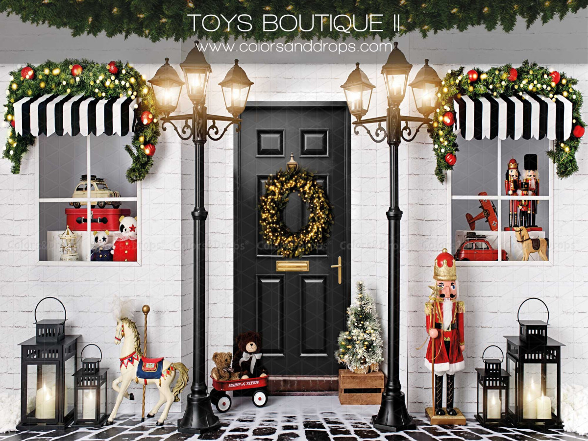 Fond photo de Noël Toys Boutique II – boutique de jouets de Noël avec porte noire et lampadaires | Colors&Drops