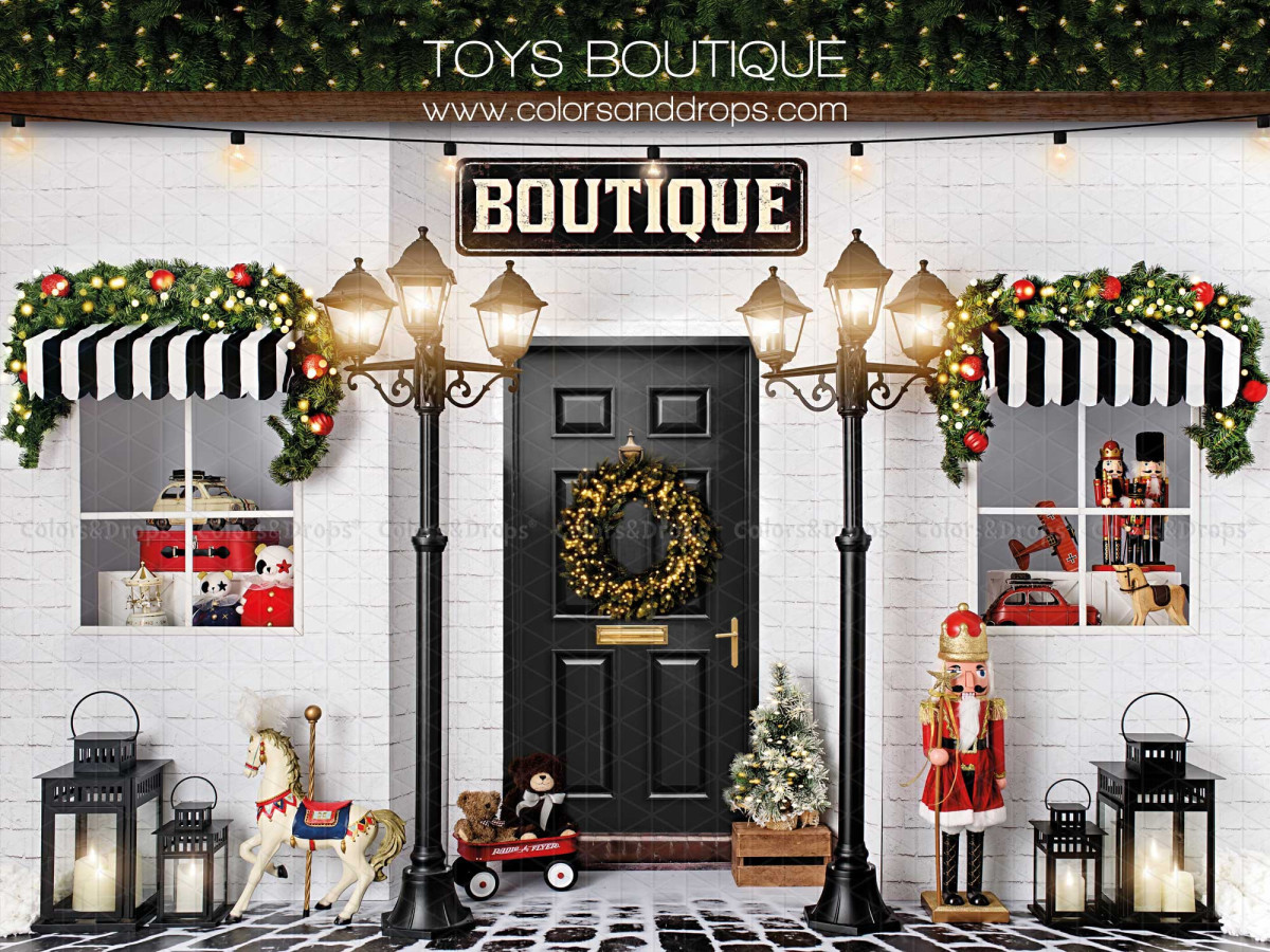 Fondo fotográfico de Navidad Toys Boutique – juguetería navideña con farolas y caballito balancín | Colors&Drops