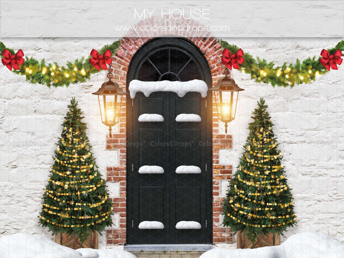 Christmas photo backdrop My House – black arched brick doorway with two fir trees | Colors&Drops