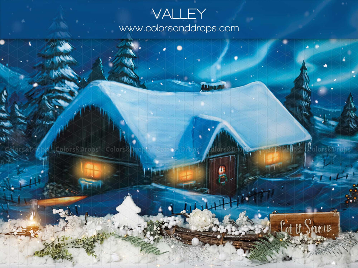 Fondo fotográfico de Navidad Valley – chalet nevado de noche en un valle de abetos | Colors&Drops
