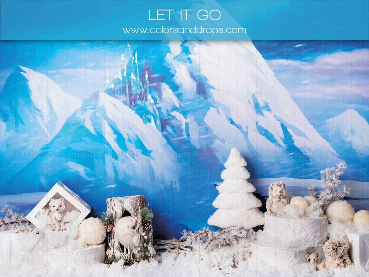 Fondo fotográfico de bebé y smash cake Let It Go – montañas de hielo con castillo y peluches | Colors&Drops