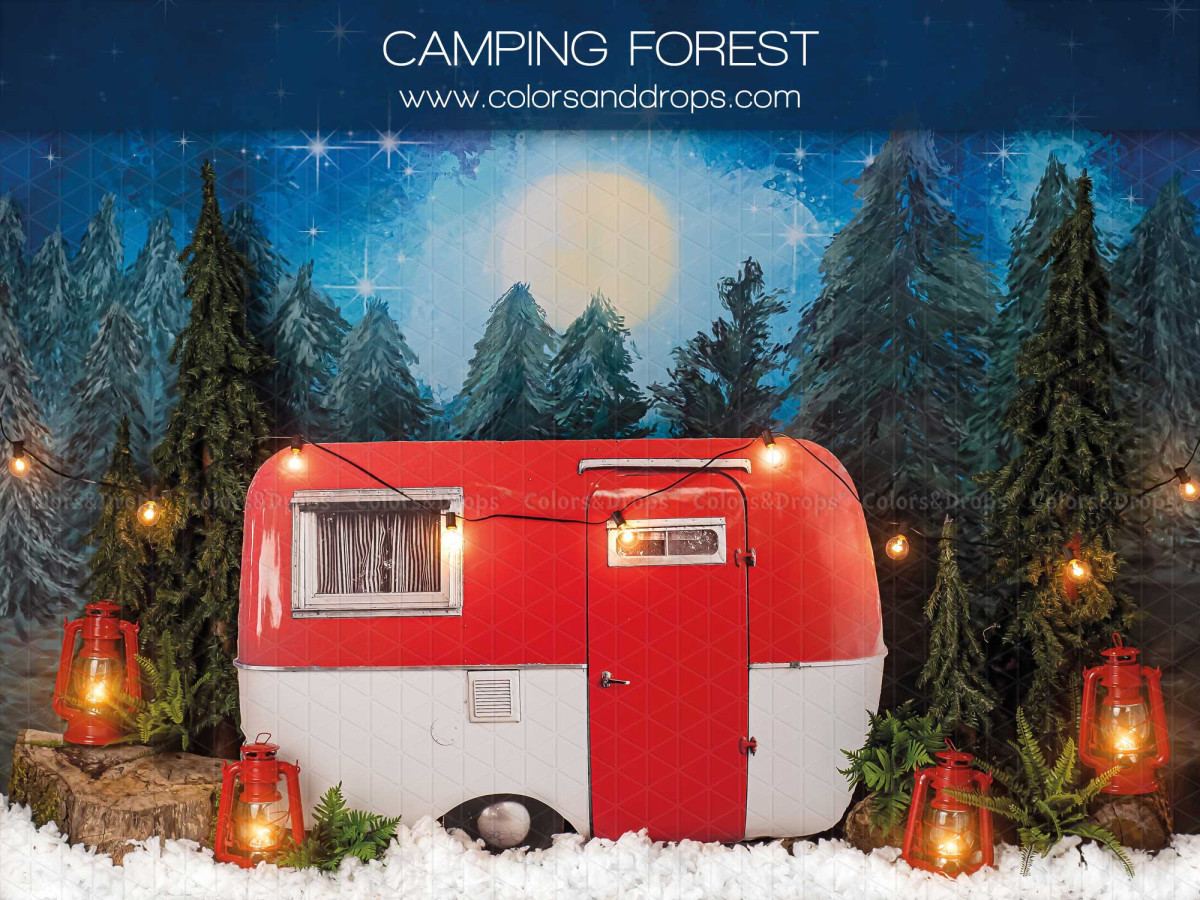 Baby & cake smash photo backdrop Camping Forest – red caravan in a forest at night with lanterns | Colors&Drops
