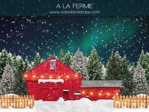 Christmas photo backdrop A la Ferme – red barn under northern lights in snowy forest | Colors&Drops
