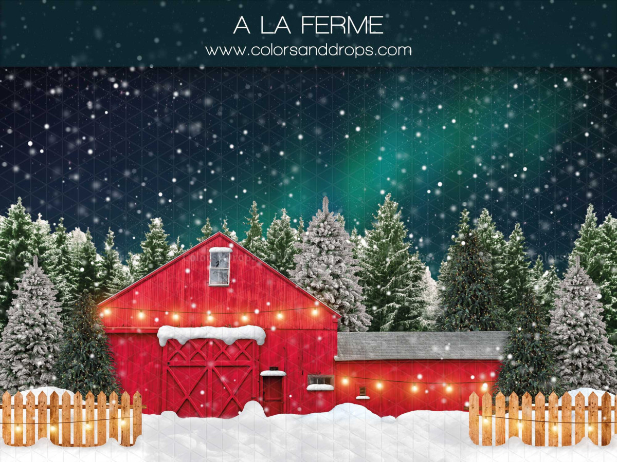 Fondo fotográfico de Navidad A la Ferme – granero rojo bajo aurora boreal en bosque nevado | Colors&Drops