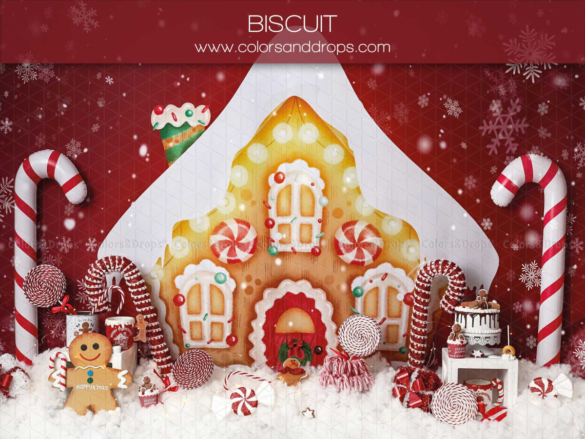 Fond photo de Noël Biscuit – maison en pain d'épices avec sucres d'orge et bonhomme | Colors&Drops
