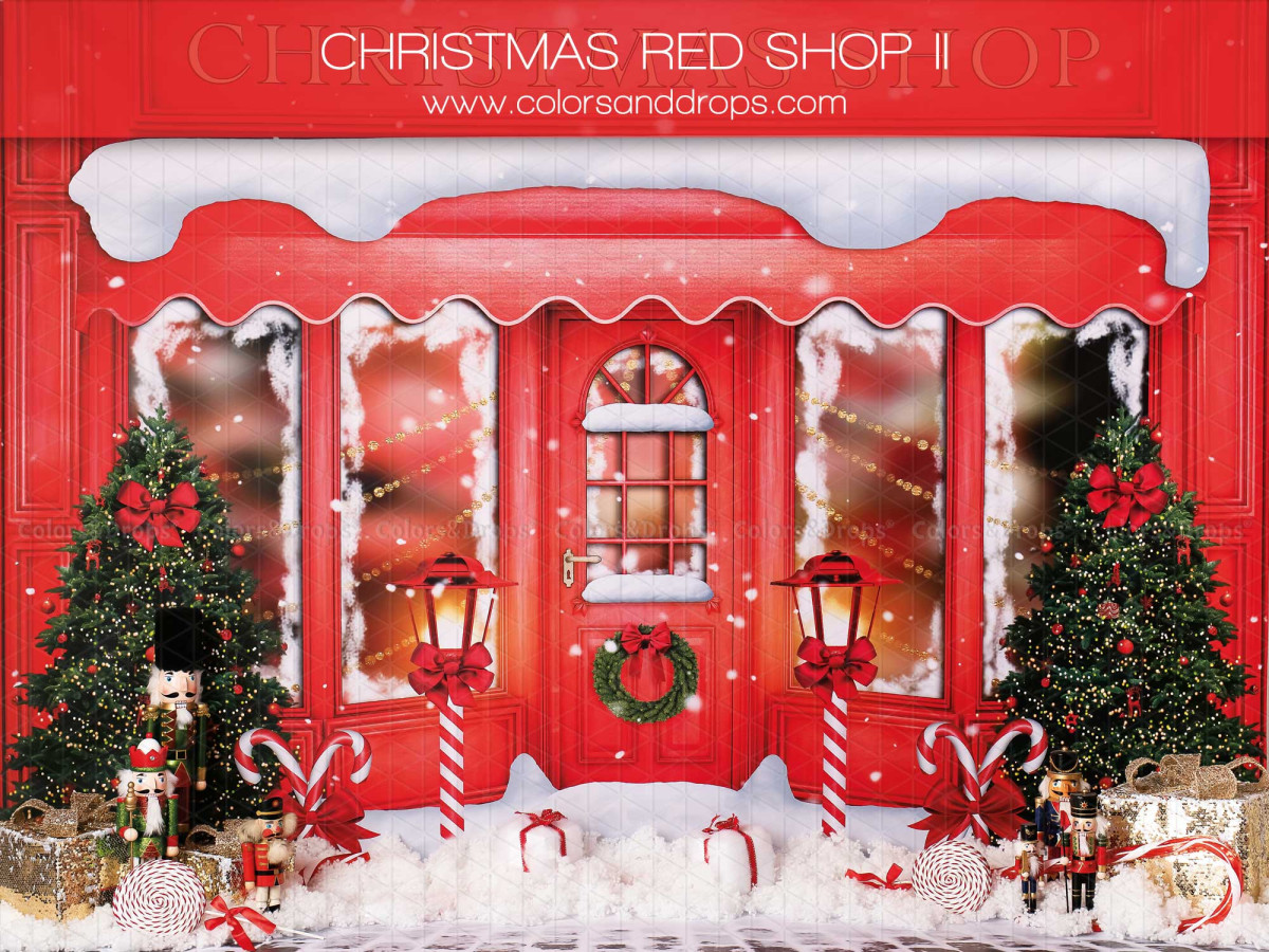 Fondo fotográfico Christmas Red Shop II – tienda navideña roja nevada con abetos | Colors&Drops