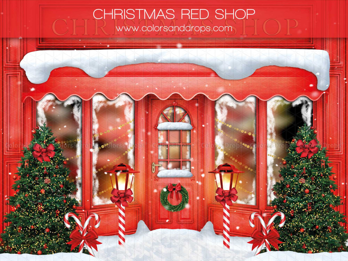 Photo backdrop Christmasredshop – red Christmas shop with fir trees and candy canes | Colors&Drops