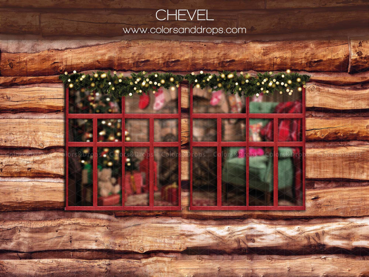 Christmas photo backdrop Chevel – red window on log cabin wall | Colors&Drops