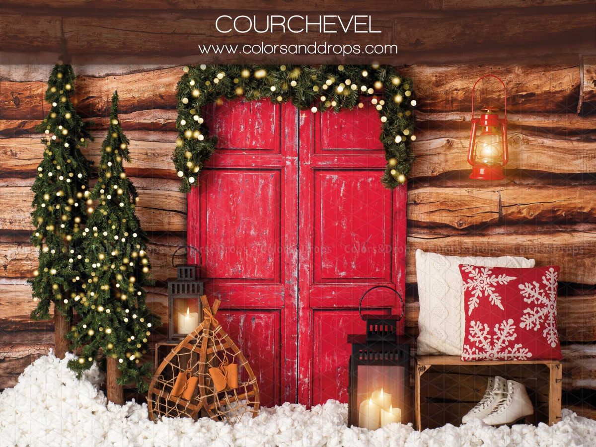Christmas photo backdrop Courchevel – red door of log cabin with fir trees and snow | Colors&Drops