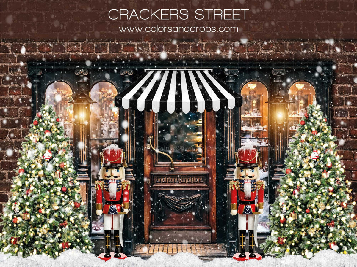 Christmas photo backdrop Crackers Street – brick shop front with nutcrackers and fir trees | Colors&Drops