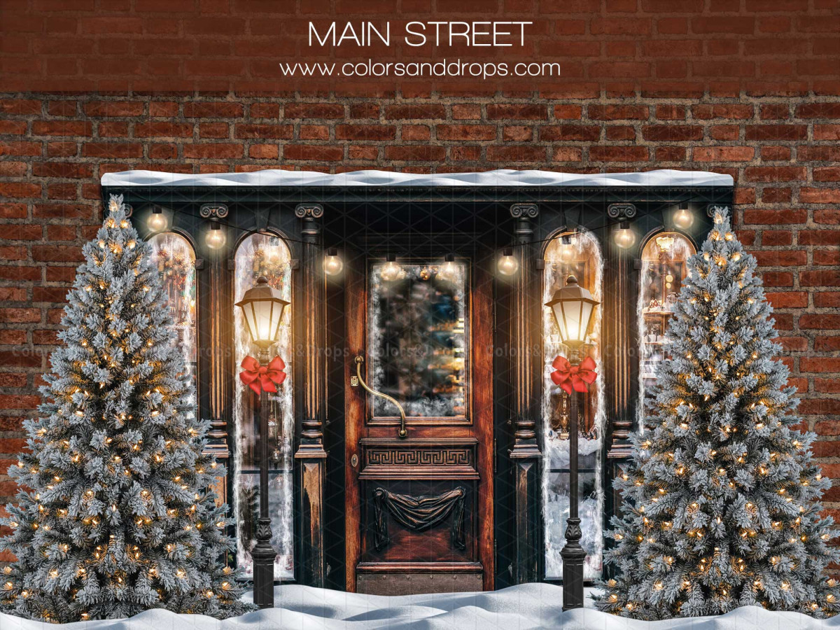 Christmas photo backdrop Main Street – wooden storefront on brick wall with snowy fir trees | Colors&Drops