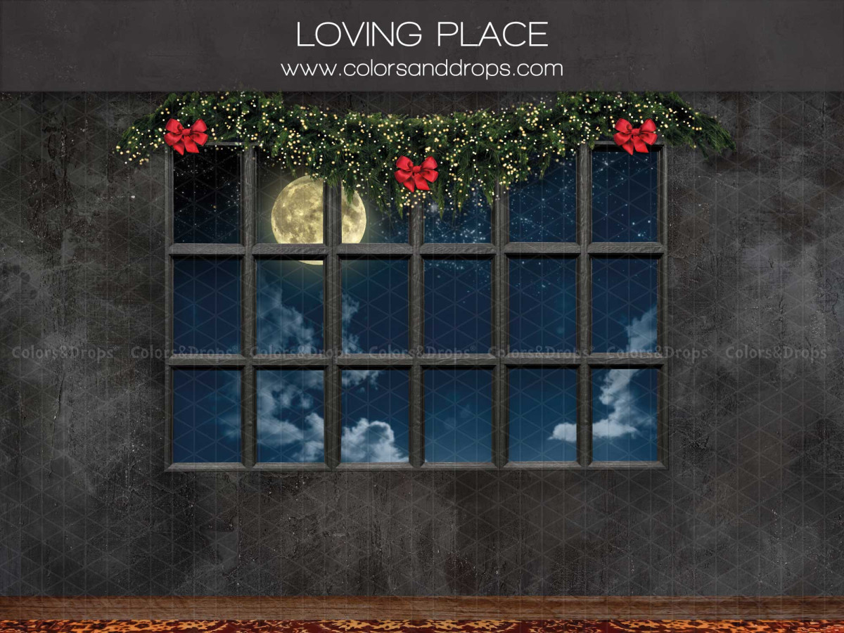 Fondo fotográfico de Navidad Loving Place – ventana con luna y guirnalda en pared gris oscura | Colors&Drops