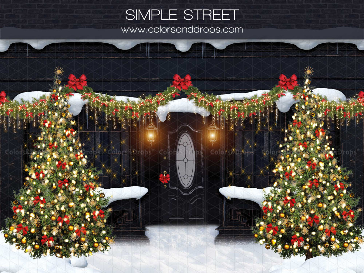 Christmas photo backdrop Simply Street – snowy Christmas street with lit trees and door | Colors&Drops