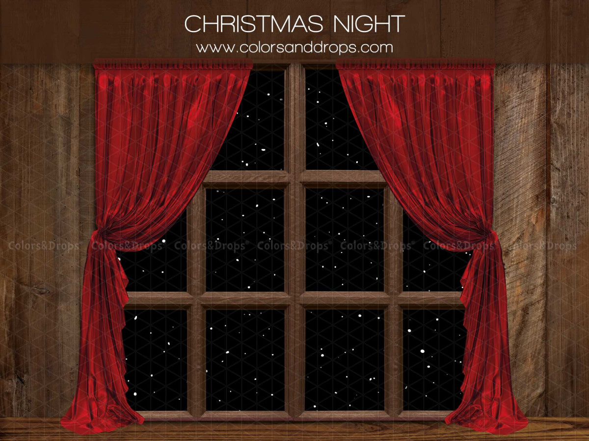 Photo backdrop Christmas Night – night window with red curtains on wooden wall | Colors&Drops