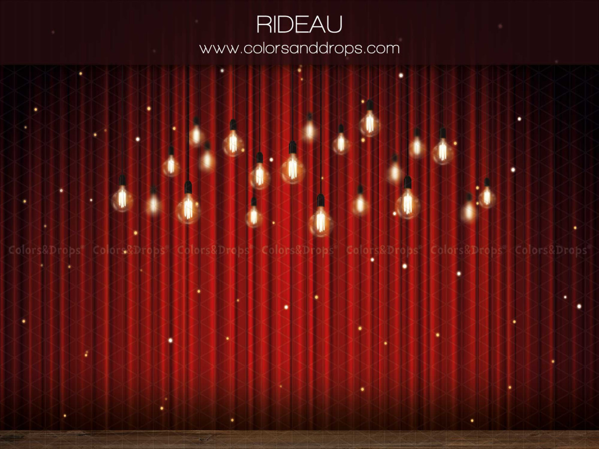 Christmas photo backdrop Rideau – red velvet curtain with hanging light bulbs | Colors&Drops