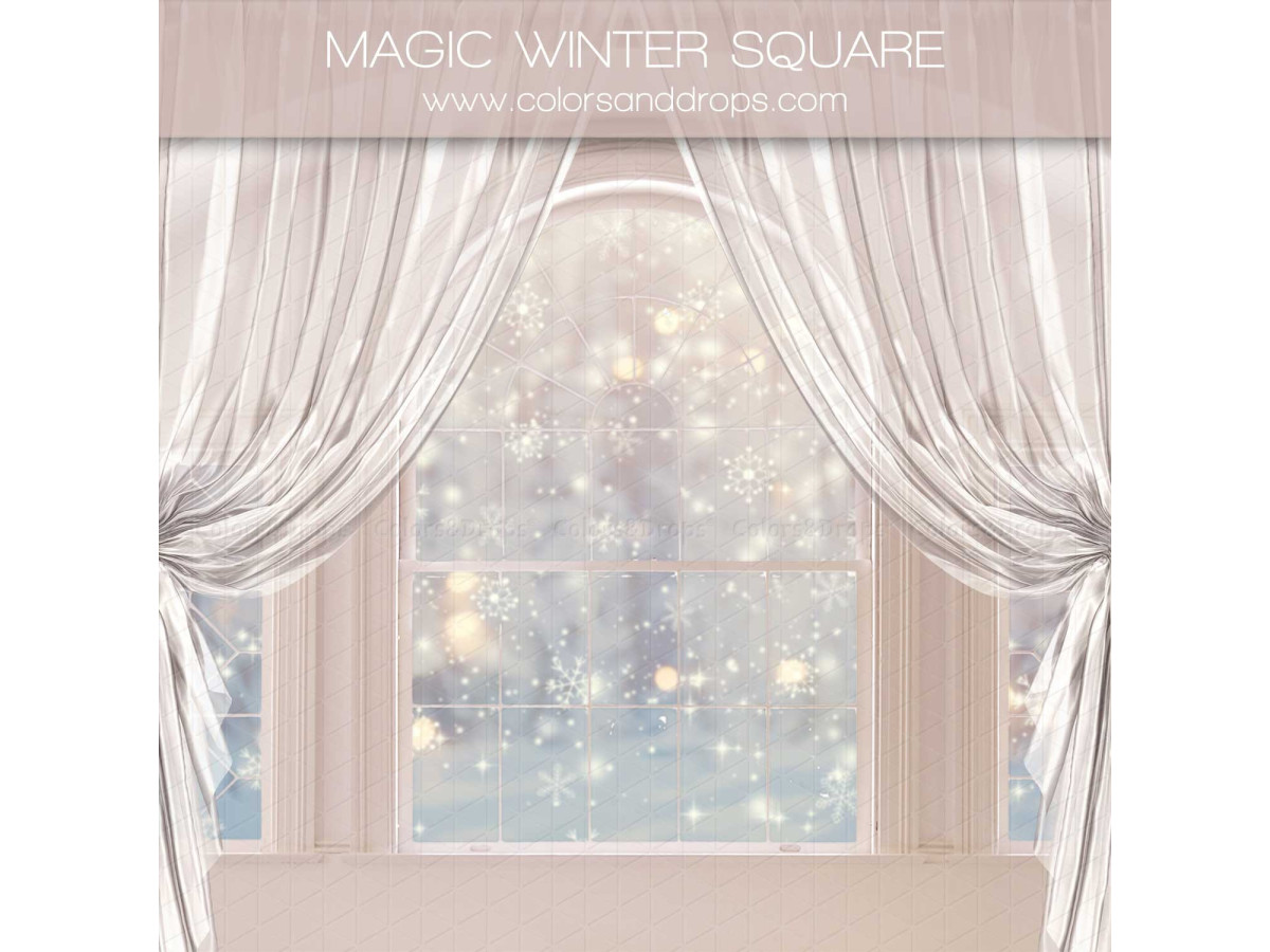 Christmas side photo backdrop Magic Winter Square – winter window with white curtains and bokeh | Colors&Drops
