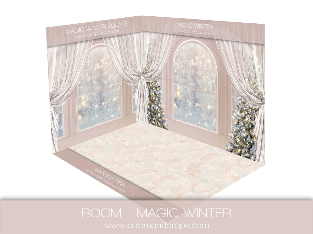 Christmas corner photo backdrop Magic Winter – arched windows, curtains and marble floor | Colors&Drops