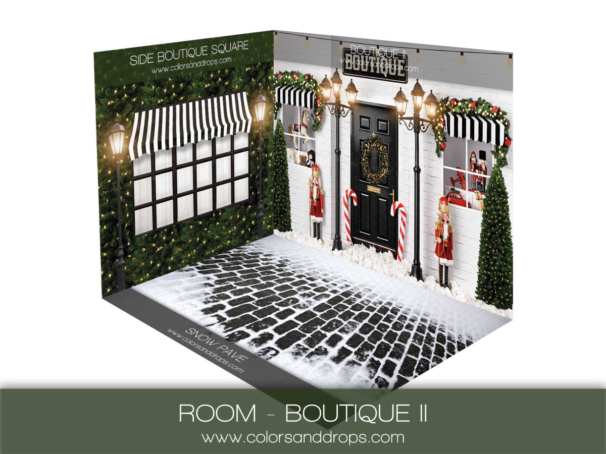 Christmas corner photo backdrop Boutique II – Christmas shop with window and cobblestones | Colors&Drops