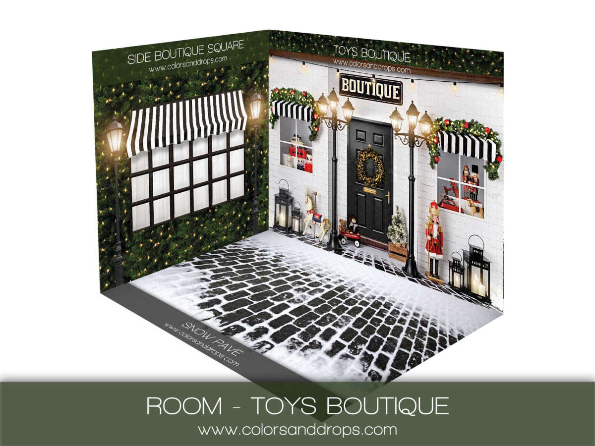 Christmas corner photo backdrop Toys Boutique – toy shop with awnings and cobblestones | Colors&Drops