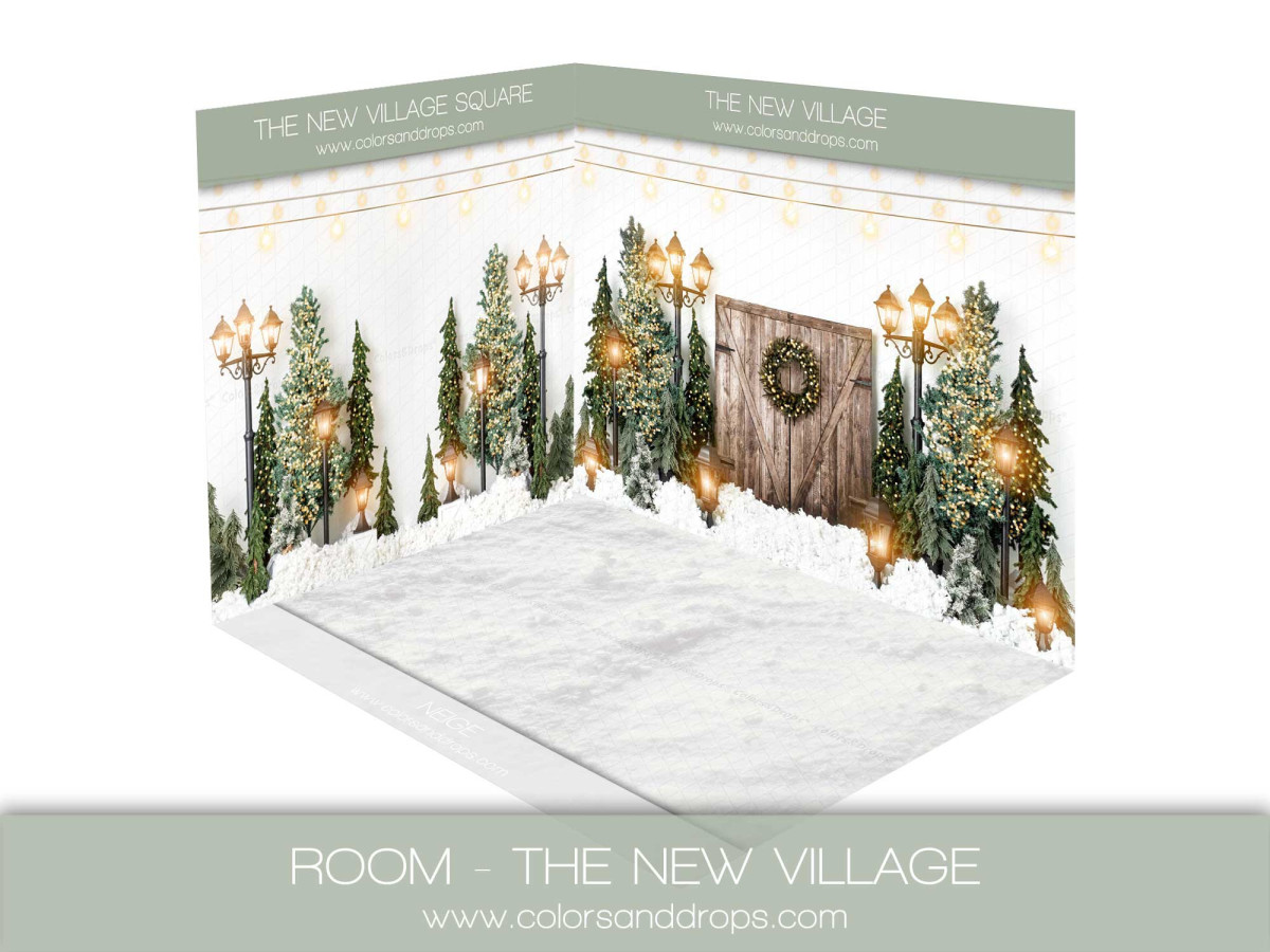 Christmas corner photo backdrop The Village New – fir trees, lamps and wreathed door | Colors&Drops