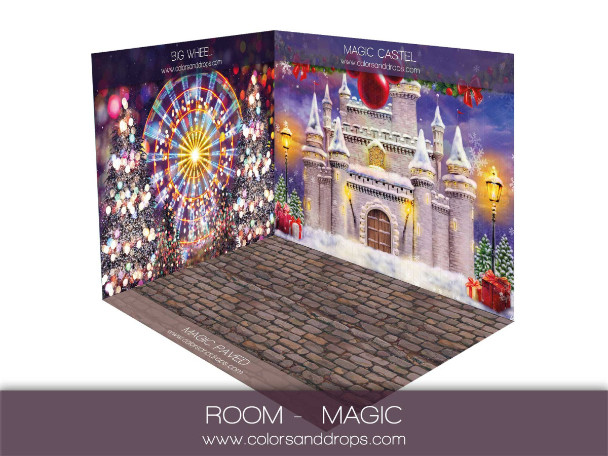 Christmas corner photo backdrop Magic – ferris wheel and Christmas castle on cobblestones | Colors&Drops