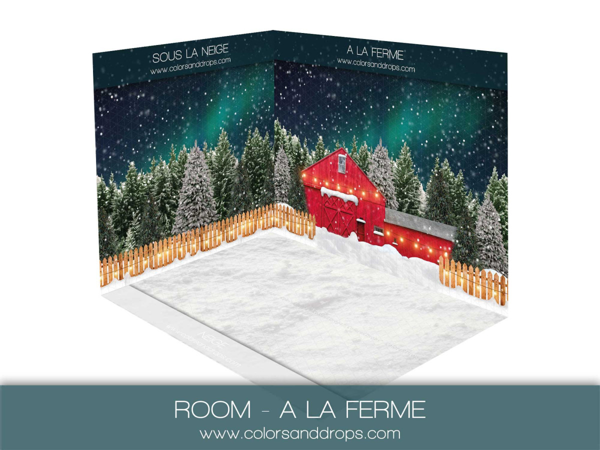 Christmas corner photo backdrop A la Ferme – red barn under northern lights with snow | Colors&Drops