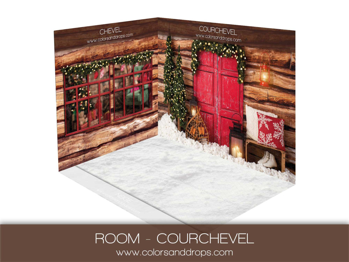 Fondo fotográfico de esquina de Navidad Courchevel – decorado en esquina de cabaña de troncos con puerta roja y | Colors&Drops