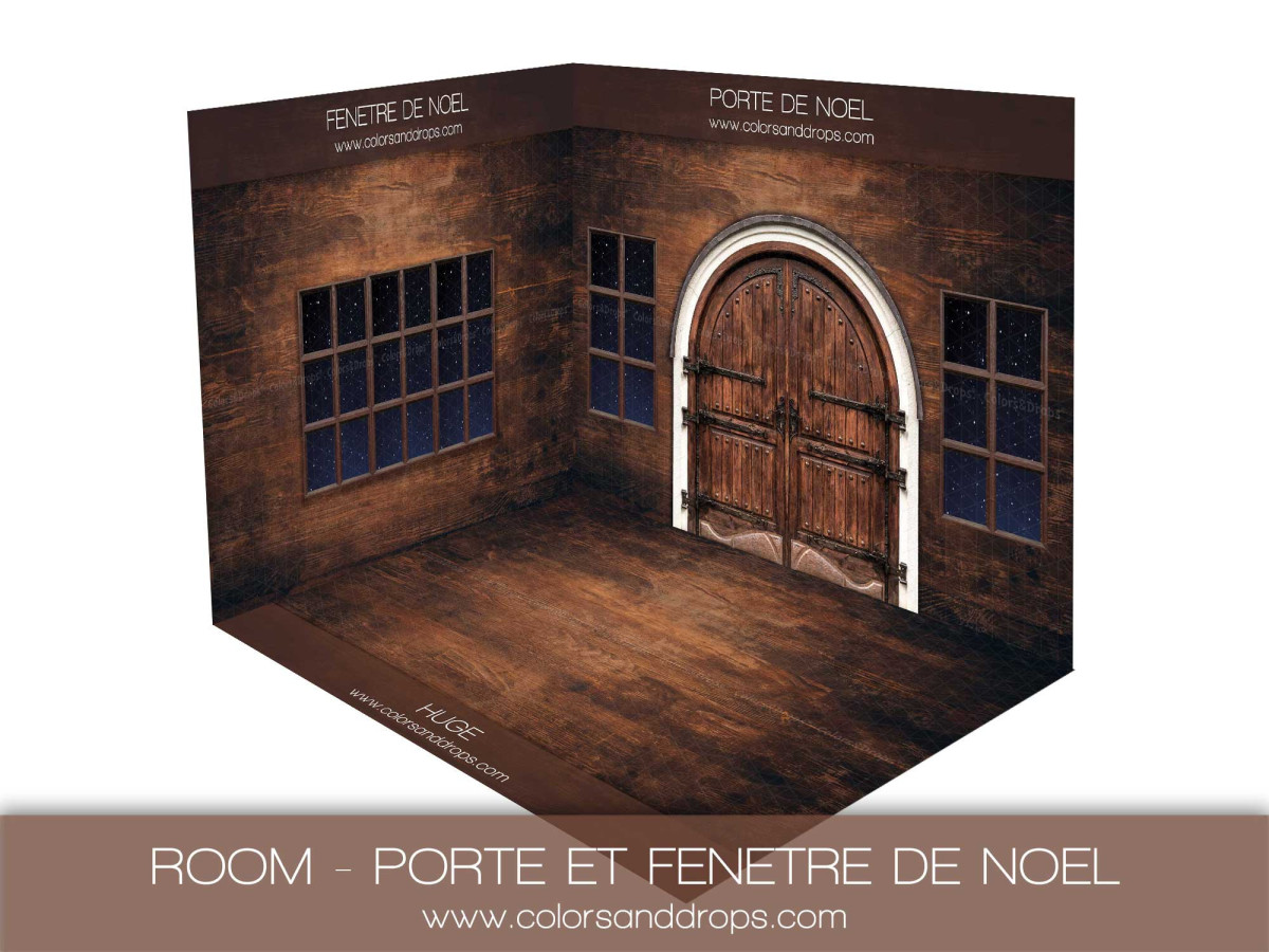 Fond photo d'angle Porte et Fenetre de Noel – mur en bois avec fenêtres et porte en arche | Colors&Drops